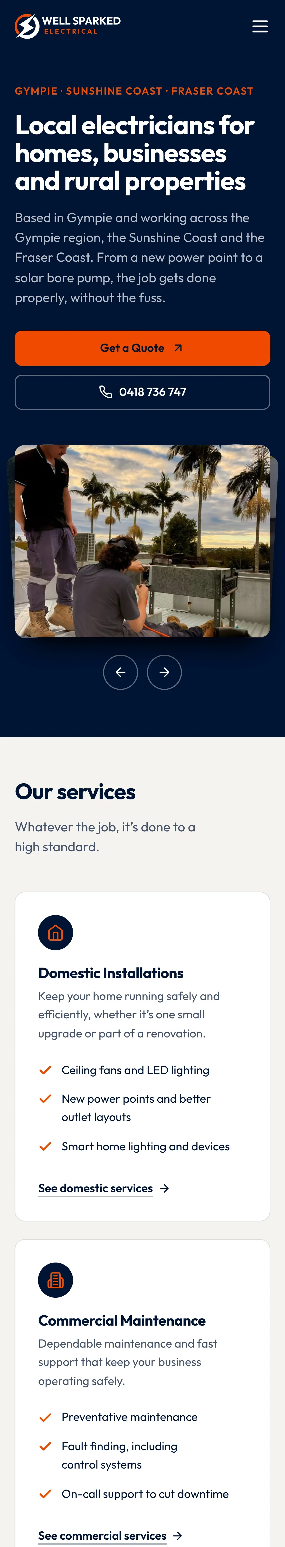Well Sparked: the home page of wellsparkedelectrical.com.au on a phone, as it was on 21 Sept 2026.